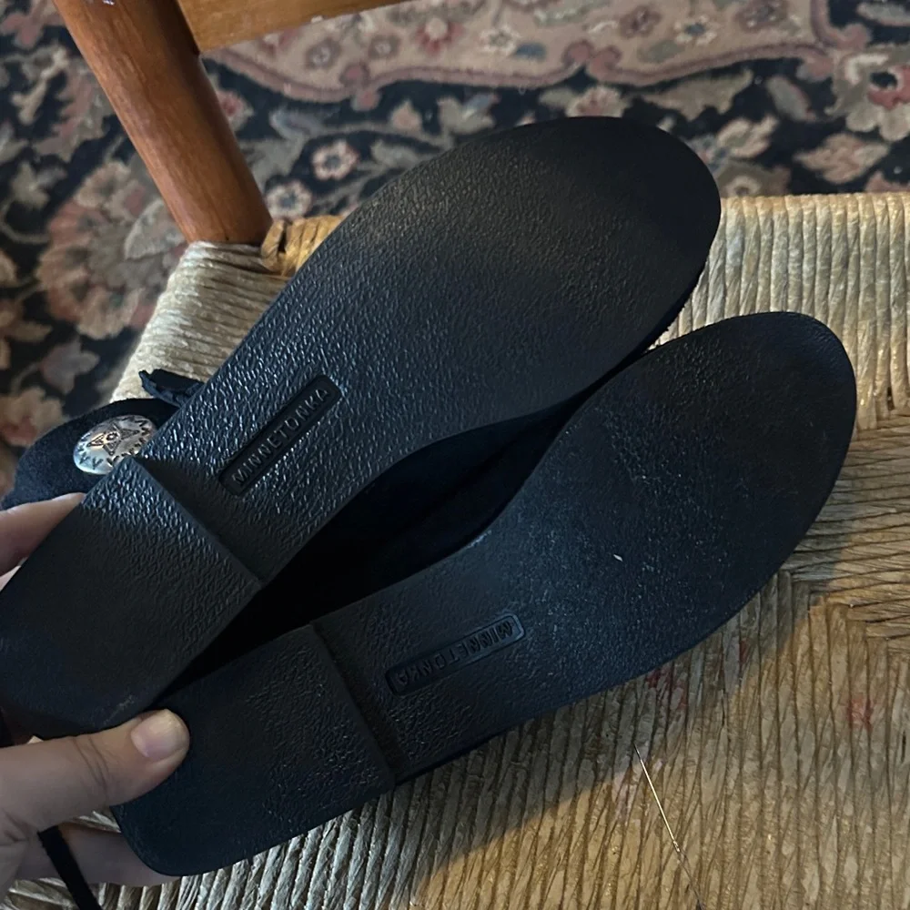 Minnetonka Black suede leather Moccasins with Decorative silver Buttons - Picture 10 of 12